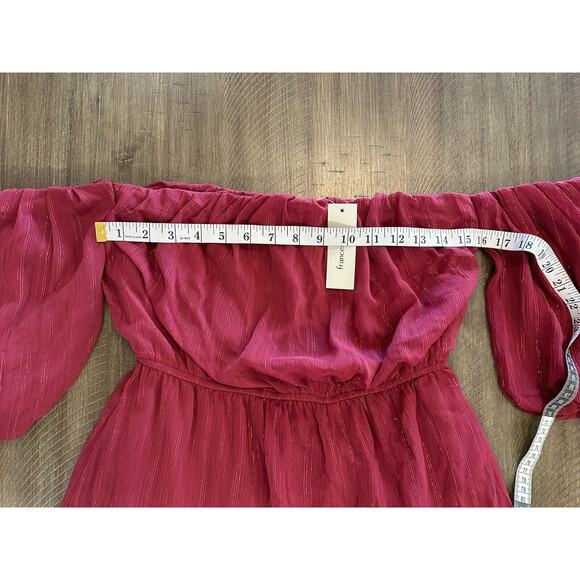 NWT Francesca’s Off The Shoulder Red Wine Shimmer Mini Ruffle Dress Size Medium - Picture 9 of 16